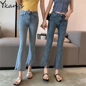 Jeans Women High Waist bottom Bell Jeans Mom Jeans Broken Solid Slim Flare Denim Pants Lady Skinny Split Ankle trousers 5XL stretch