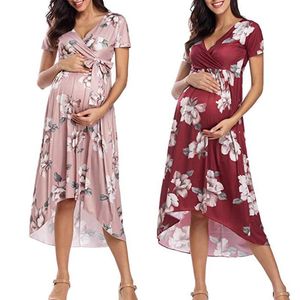 Kjol kvinnors faux wrap moderskapsklänning avslappnad amning klädbälte justerbar stor storlek vneck sexig tryckvård klänning