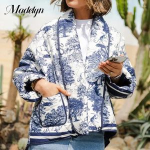 Frauen Trenchcoats 2024 Herbst Winter Blau Gedruckt Parkas Kleidung Doppelte Tasche Quilten Mantel Weibliche Mode Lose Gepolsterte Jacke für