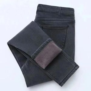 Calças de brim 2023 outono inverno mais veludo quente magro denim jeans moda feminina cintura alta calças lápis magros simples calças básicas