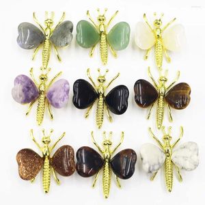 Anhänger Halsketten Naturstein Zinklegierung Mehrfarbiges Herz Goldener Schmetterling Kristall Flügel Tier Ornamente Charms DIY Schmuck Geschenk Großhandel