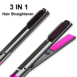 3 in 1 Ceramic Flat Iron Hair Straightener Brush Hair Heated Straightening Comb Curling Iron Electric Hair Styling Appliances 240111