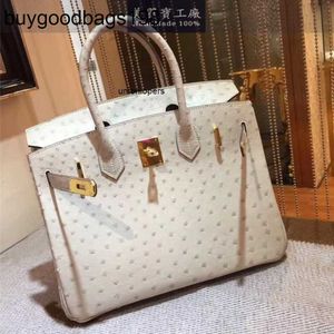 Designer Bag Ostrich Handbags Designers Bags Full Handmade Original Leather 25cm IncHandbag Female Pearl Gray Large Capacity MJRT