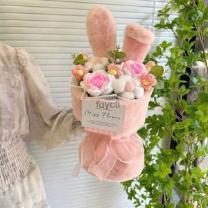 Other Arts and Crafts Rabbit Ear Knitted Flowers Bouquet with Lights String Kawaii Knitted Flower Bouquet with Packing Bag Valentine's Day Gifts YQ240111