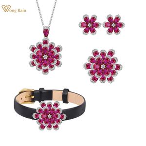 Sets Wong Rain Vintage 925 Sterling Silver Flower Ruby Lab Sapphire Gemstone Ring/Necklace/Earrings/Bracelets Jewelry Sets Wholesale