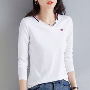 White V-neck Women's Long Sleeved T-shirt, Spring Thin Base Shirt, 2024 Fashionable and Casual Slim Fit, Slim Fit, and Waistband Small Shirt