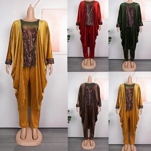 Ethnic Clothing Plus Size Autumn Fashion Gold Velvet Two Piece Set Women Sequin Round Neck Long Sleeve Top Tight Pants Casual Loose 2