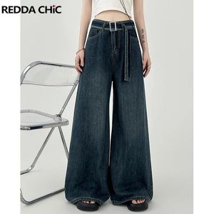 Kot Reddachic Self Bellt Boyfriend Jeans Retro Mavi Yüksek Rise Pantolon Bol kot pantolon y2k geniş bacak sıradan pantolon Koreli kadın sokak kıyafetleri