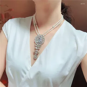 Chains Fashionable 2strand Natural Freshwater Pearl 6-7mm Zircon Micro Inlaid Accessories Pendant Necklace Long 45-48cm