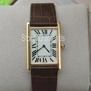 Super Thin Series Top Fashion Quartz Watch Men Women Gold Dial Brown Leather Strap Wristwatch Classic Rectangle Design Dress Clock262y