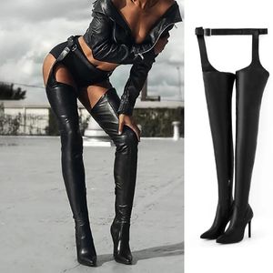 Briefs&Panties Plus Size 3445 Sexy Thigh Boots Women High Heeled Shoes PU Leather Belt Over The Knee Boots Ladies Zipper Pointed Toe