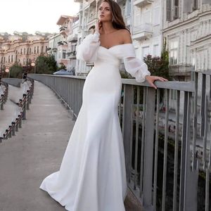 2024 NOWA Modern satynowa suknia ślubna z ramion Bride Mermaid Long Bubble rękawy