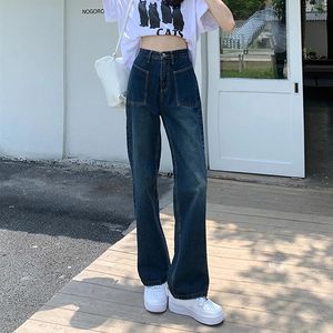 Jeans Rimocy Vintage Jeans dritti a vita alta per le donne 2023 Autunno Denim Pantaloni larghi Donna Stile coreano Tasche Pantaloni larghi Mujer