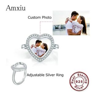 Anelli Amxiu 100% 925 Anelli in argento sterling Foto personalizzata Anello aperto regolabile Bambini fai da te Immagini di famiglia Anelli a forma di cuore per gioielli da sposa