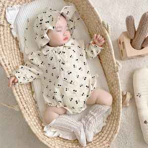 Baby Girl RompersHat Clothing Spring Autumn Infant Toddler Clothes Cotton Cherry Print Long Sleeve Jumpsuit Bebe Birthday Gift 240110