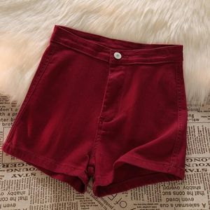 Shorts 2023 Nya kvinnor Summer Sweet Red Denim Shorts Allmatched High Street Solid Slim High midje Jeans Girls Mini Hot Short Pants