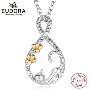 Pendants EUDORA Sterling Silver Sleeping Cat Pendant Necklace Gold Color Cat footprint necklace Animal pet Jewelry for lady girl with box