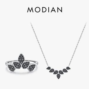 Set Modian 925 Sterling Silver Geometric Drop Black Zirconia Necklace Pendant Trendy Punk Ring for Women smycken Set Party Gifts