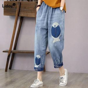 Jeans Vintage Fashion Patch Disegni Denim Pantaloni Harem Abbigliamento donna 2023 Estate Sottile Casual Elastico A vita alta Capri Jeans Femminili