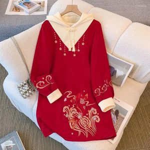 Ethnic Clothing National Oriental Style Dresses Hooded Dress 2024 Winter Thickened Embroidered Tassel Women's Slim Fit Fashion
