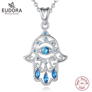 Hängen Eudora 925 Sterling Silver Evil Eye Hamsa Handhänge Halsband Blue Bink Crystal Fine Fatima Jewelry for Women Birthday Present