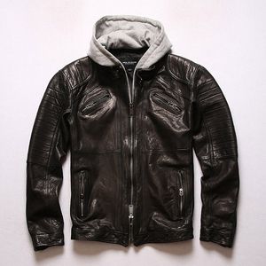 Men's motorcycle jackets with hoody New non-coated water dyed head Vegetable tanning sheepskin jacket