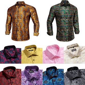 Hitie Fashion Mens Silk Shirts Långärmad guldblå ​​Paisley Jacquard Lapel Shirt Casual Formal Wedding Business Party Gifts 240111