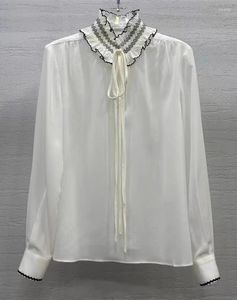 Blusas femininas gravata borboleta elegante 2024 primavera verão blusa de seda pura gola feminina plissado deco manga longa nacional topos branco