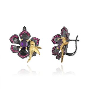 Earrings CIZEVA Original Design Cubic Zirconia Flower Stud Earrings for Women Retro Black Gold Color Cute Bird Animals Jewelry