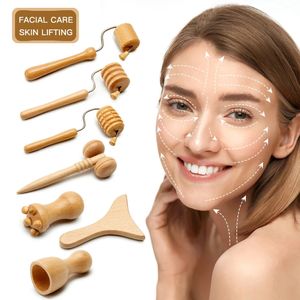 7 unids/set masajeador facial terapia de madera removedor de arrugas cara cuello levantamiento de la piel Maderoterapia GuaSha rodillo de masaje anticelulítico 240111