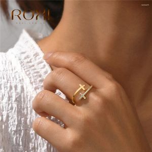 Pierścienie klastra Roxi 925 Sterling Silver Shine Double Cross Crystal for Women Mężczyzny Regulowany impreza Weddna zaręczyny Bague Femme