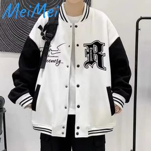 Allmatch Contrast Color Letter R Male Coat Black and White Simple Standup Collar Baseball Suit Trend Loose Couple Jackets 240111