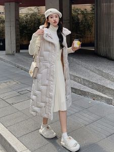 Gilet donna beige senza maniche piumino in cotone autunno inverno moda lungo sciolto spesso calore gilet con cappuccio abbigliamento 240110