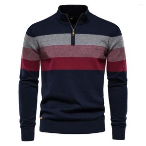 Herrtröjor Autumn Patchwork Pullover Tröja Bomull Casual dragkedja Mock Neck For Men Winter Fashion Warm