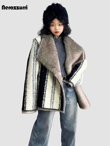 Nerazzurri Inverno Oversize colorato spesso caldo finto cappotto di pelle di pecora donne abiti firmati di lusso soffice giacca in shearling 240111