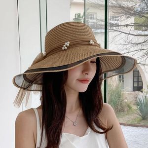 Berets Seaside Straw Damen Sommer Strand Mesh Pearl French Big Brim Sun-Proof Casual Hut