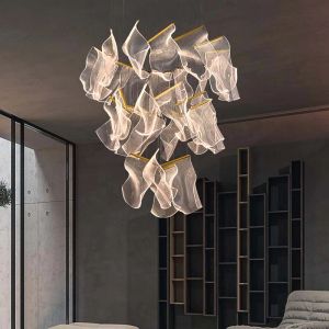 Creative Design Acrylic LED Chandelier for Staircase Living Room Luxury Modern Large Lighting Fixtures Gold Indoor Hanging Lamps