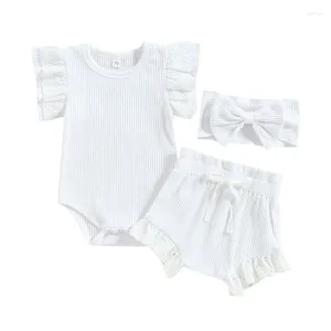 Conjuntos de roupas Bebê Meninas Outfit Set Verão 3 Pcs Voando Manga O Pescoço De Malha Lace Romper Tops Cordão Shorts Headband Roupas Infantis