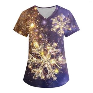 女性のTシャツ女性クリスマスユニフォームプリント半袖vネックワークウェアポケットワークワークウェアオーバーオールケア