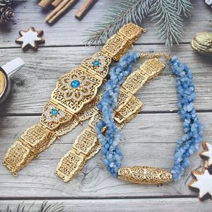 Sunspicems Light Blue Moroccan Belt Women Multilayer Stone Chain Necklace Choker Caftan Belt Jewelry Algeria Bride Jewelryセット240110