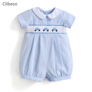 Baby Boy Smocked Blue Romper Children Embroidered Car Jumpsuit Peter Pan Collar Spanish Boutique Clothes 240110