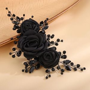 Accessori per capelli da sposa con fiori in tessuto alla moda Fascia per capelli con strass neri Gioielli per capelli da donna Copricapo da sposa per ragazza da sposa 240110