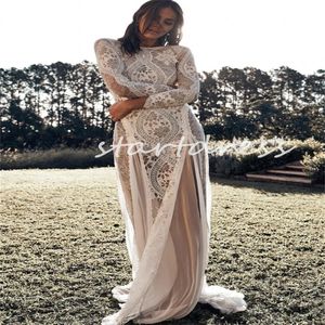 Rustic Champagne Bohemian Wedding Dress Hippies Sheath Boho Lace Wedding Gowns Sexy Backless Long Sleeve Country Bride Dress 2024 Plus Size Wiccan Gatsby Bridal
