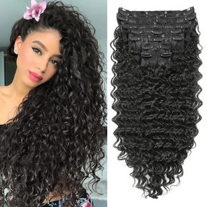 Synthetische tiefe Wellen-Clip-in-Haare, 7 Stück, für den ganzen Kopf, lose Webart, Schuss, Ombre, Schwarzblond, 61 cm, lockig, organisch, für Damen, 240110