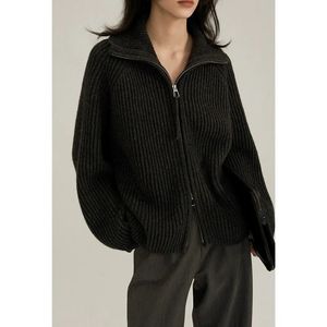 Estação europeia com zíper duplo 100% suéter de caxemira pura casaco feminino meio aberto lapela grande preto suéter de malha cardigan 240111