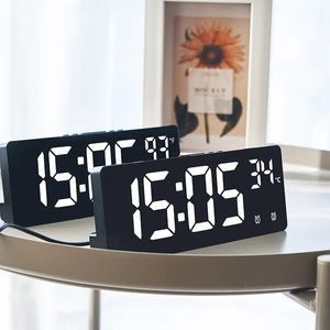 Controle de voz despertador digital temperatura dupla alarme snooze desktop relógio modo noite 12/24h led relógio de mesa 240110