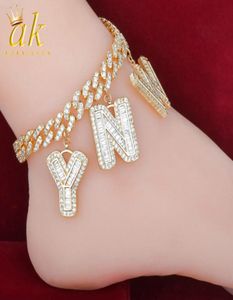 Custom Name Baguette Letters With 10MM Cuban Chain Anklet For Women Gold Color Zircon Hip Hop Rock Jewelry Replaceable7928861