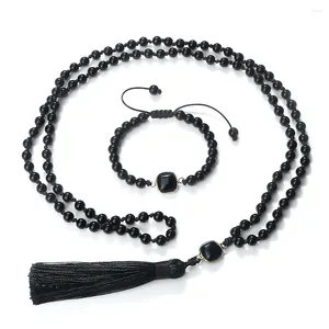 Halsband örhängen set glänsande svart onyx 108 mala pärlor kvinnor rosensk meditation sten armband japamala tassel långa halsband smycken
