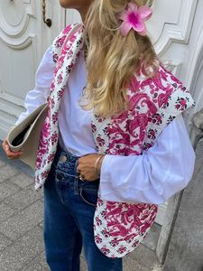Print Pink Flower Cotton Vest For Women Elegant Sleeveless Warm Cardigan Waistcoat 2023 Autumn Lady Vintage High Streetwear 240111