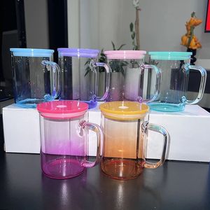 Сублимационная стеклянная кружка на 15 унций с цветной пластиковой крышкой, стакан для теплопередачи, стеклянная банка, пивная кружка, стакан для питья